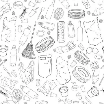 Seamless pattern with different kinds of garbage isolate on white. Illustrazione stock