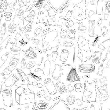 Seamless pattern with different kinds of garbage isolate on white. The concep Stock Illustration