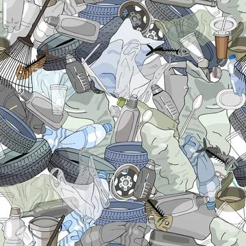 Seamless pattern with different kinds of garbage. The concept of ecology and  Stock Illustration