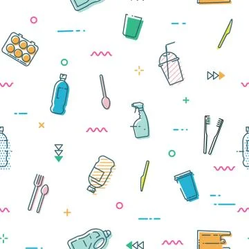 Seamless pattern with different kinds of plastic waste. Stock Illustration