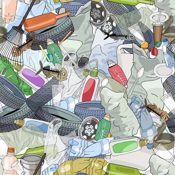 Seamless pattern with different kinds of plastic garbage. Stock Illustration