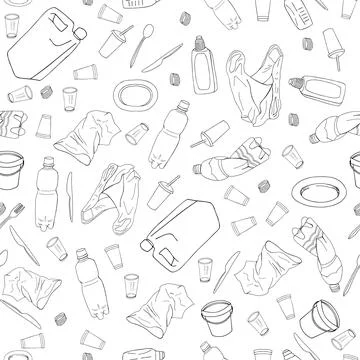 Seamless pattern with different kinds of plastic garbage. Stock Illustration