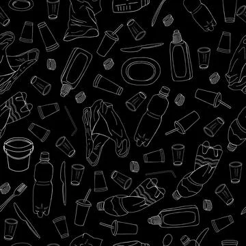 Seamless pattern with different kinds of plastic garbage isolate on black. Stock Illustration