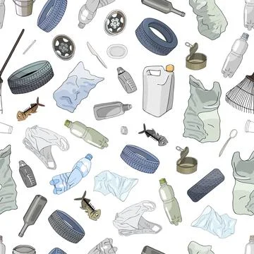 Seamless pattern with different kinds of plastic garbage isolate on white. Th Stock Illustration