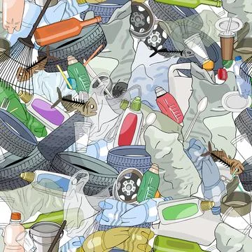 Seamless pattern with different kinds of plastic garbage. The concept of ecol Stock Illustration
