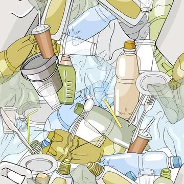 Seamless pattern with different kinds of plastic garbage. Stock Illustration