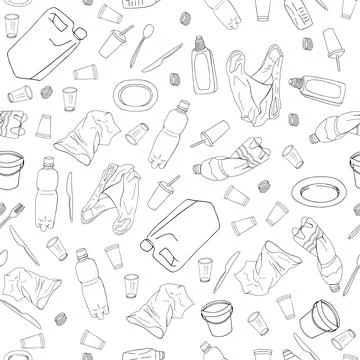 Seamless pattern with different kinds of plastic garbage. Stock Illustration