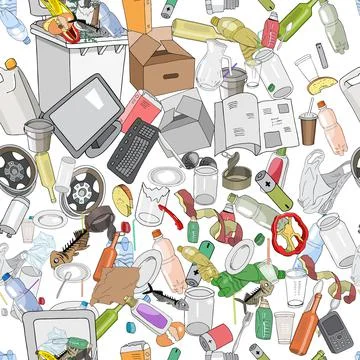 Seamless pattern with different kinds of plastic garbage, chemical waste, food Stock Illustration