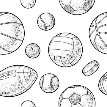 Seamless pattern different kinds sport balls. Vintage vector engraving Stock Illustration