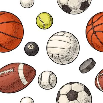 Seamless pattern different kinds sport balls. Vintage color vector engraving Stock Illustration
