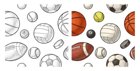 Seamless pattern different kinds sport balls. Vintage color vector engraving Stock Illustration