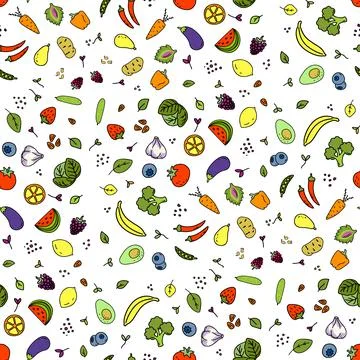 Seamless pattern of different kinds of vegetables, greens and fruits. 스톡 일러스트