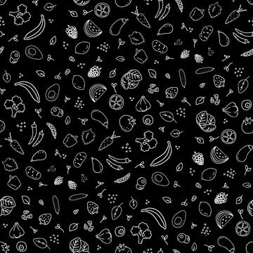 Seamless pattern of different kinds of vegetables, greens and fruits. 스톡 일러스트