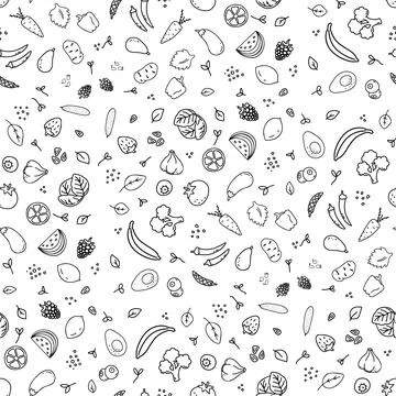 Seamless pattern of different kinds of vegetables, greens and fruits. Stock Illustration