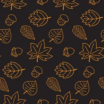 Seamless pattern with different leaves, acorns and mushrooms. Autumn style. B Stock Illustration