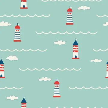 Seamless pattern with different lighthouses drawn with contour lines. Background Illustrazione stock