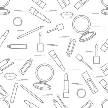Seamless pattern of different lip make-up tools. Vector illustration of lipst Illustrazione stock