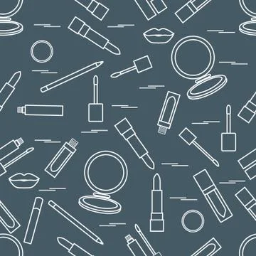 Seamless pattern of different lip make-up tools. Vector illustration of lipst Illustrazione stock