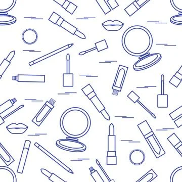 Seamless pattern of different lip make-up tools. Vector illustration of lipst Illustrazione stock