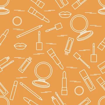 Seamless pattern of different lip make-up tools. Vector illustration of lipst Illustrazione stock