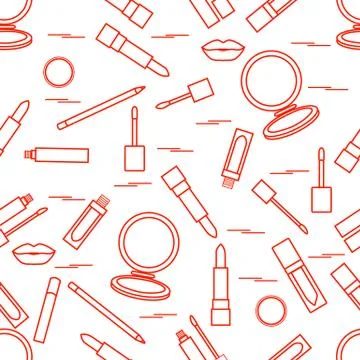 Seamless pattern of different lip make-up tools. Vector illustration of lipst Illustrazione stock