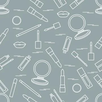 Seamless pattern of different lip make-up tools. Vector illustration of lipst 스톡 일러스트