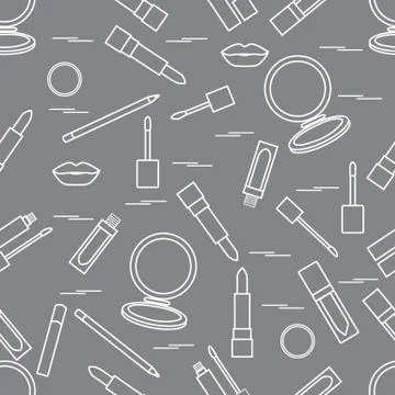Seamless pattern of different lip make-up tools. Vector illustration of lipst Illustrazione stock