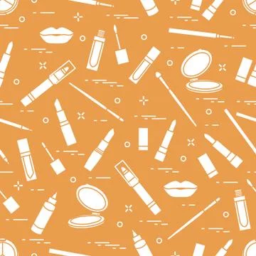 Seamless pattern of different lip make-up tools. Vector illustration of lipst 스톡 일러스트