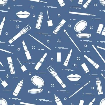 Seamless pattern of different lip make-up tools. Vector illustration of lipst Illustrazione stock