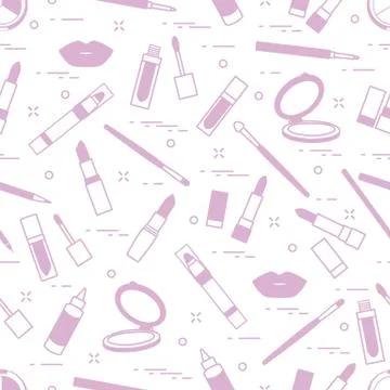 Seamless pattern of different lip make-up tools. Vector illustration of lipst Stock Illustration
