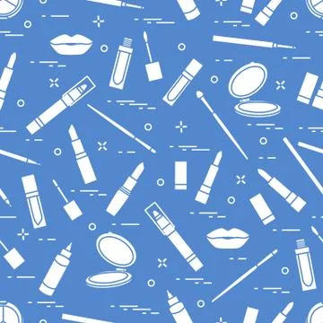 Seamless pattern of different lip make-up tools. Vector illustration of lipst Illustrazione stock