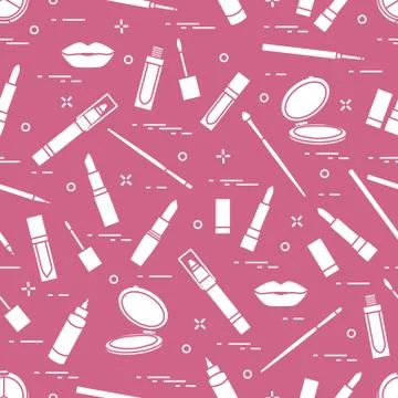 Seamless pattern of different lip make-up tools. Vector illustration of lipst Illustrazione stock