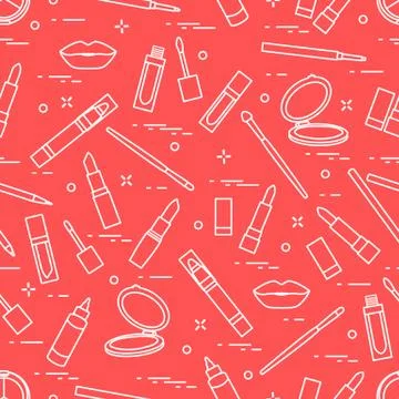 Seamless pattern of different lip make-up tools. Vector illustration of lipst Stock Illustration