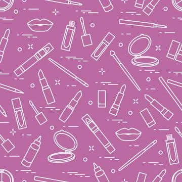 Seamless pattern of different lip make-up tools. Vector illustration of lipst Illustrazione stock