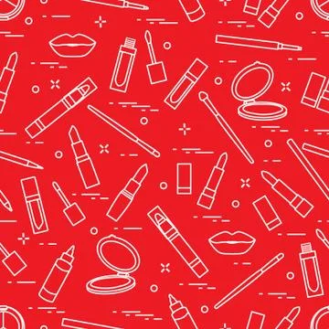 Seamless pattern of different lip make-up tools. Vector illustration of lipst Illustrazione stock