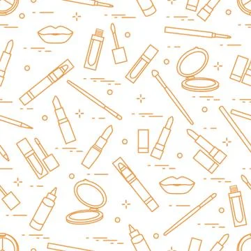 Seamless pattern of different lip make-up tools. Vector illustration of lipst Illustrazione stock