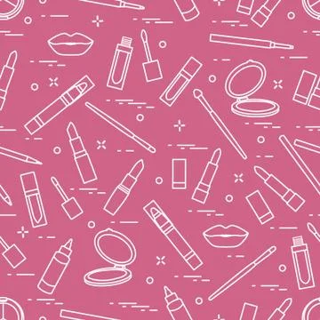 Seamless pattern of different lip make-up tools. Vector illustration of lipst Illustrazione stock