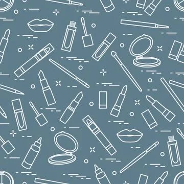 Seamless pattern of different lip make-up tools. Vector illustration of lipst 스톡 일러스트