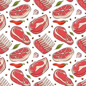 Seamless pattern with different meat cut steak, rib and chop in a flat style Stock Illustration
