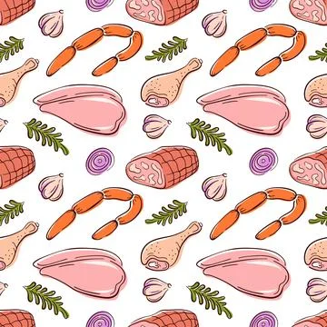 Seamless pattern of different meat cut chicken, sausage and ham in flat style Stock Illustration