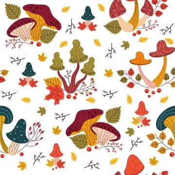 Seamless pattern with different mushrooms. Autumn season background. woodland Stock Illustration