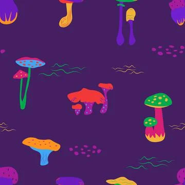 Seamless pattern with different mushrooms, bright psychedelic colors on purpl Stock Illustration