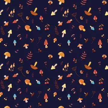 Seamless pattern with different mushrooms, forest leaves and baranches draw.. Stock Illustration