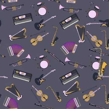 Seamless pattern with different music instruments Stock Illustration