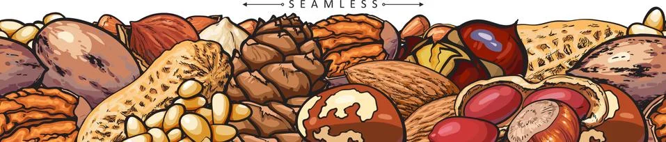Seamless pattern with different nuts sketch vector illustration isolated. Stock Illustration