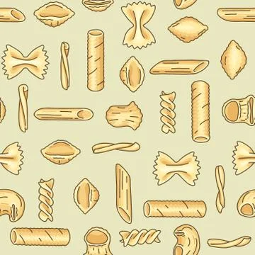Seamless pattern with different pasta shapes and types. Stock Illustration