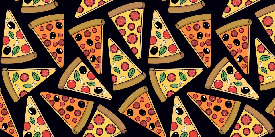 Seamless pattern of different pizza slices on a black dark background for web te Stock Illustration