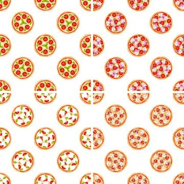 Seamless pattern with different pizzas showing various delicious toppings 스톡 일러스트