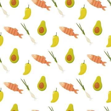 Seamless pattern, different products, food. fish, pepper, tomato, watermelo.. Illustrazione stock
