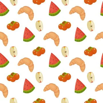 Seamless pattern, different products, food. fish, pepper, tomato, watermelo.. Stock Illustration